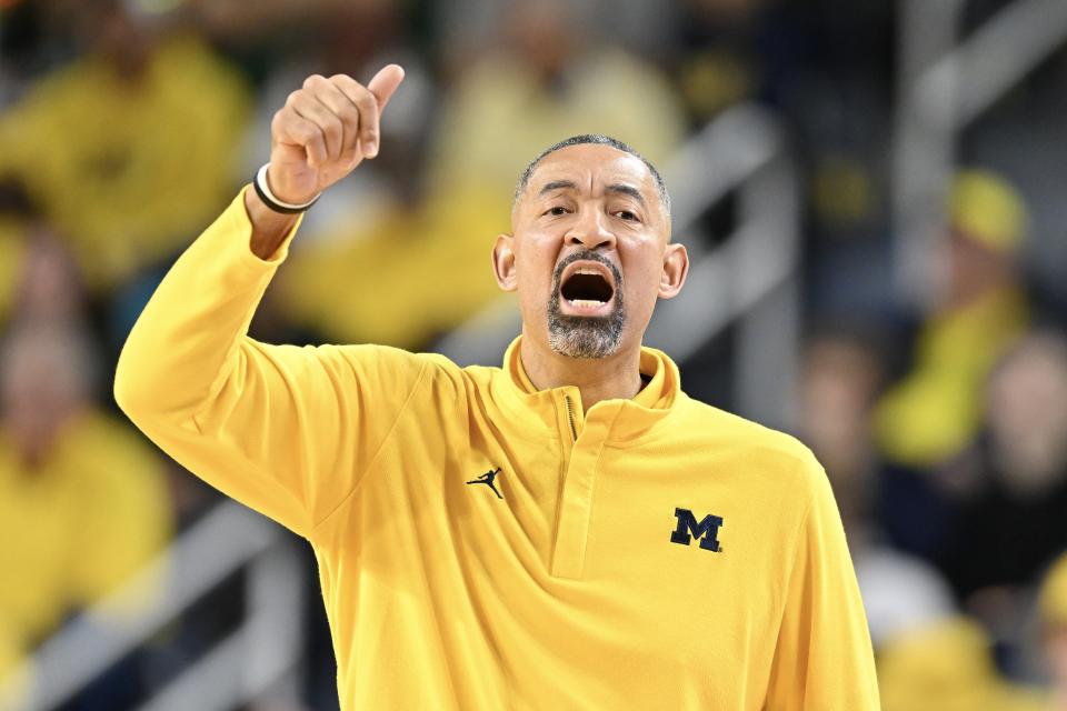 Head coach Juwan Howard of the Michigan Wolverines reacts against the Michigan State Spartans in the first half at Crisler Center in Ann Arbor on Saturday, Feb. 17, 2024.