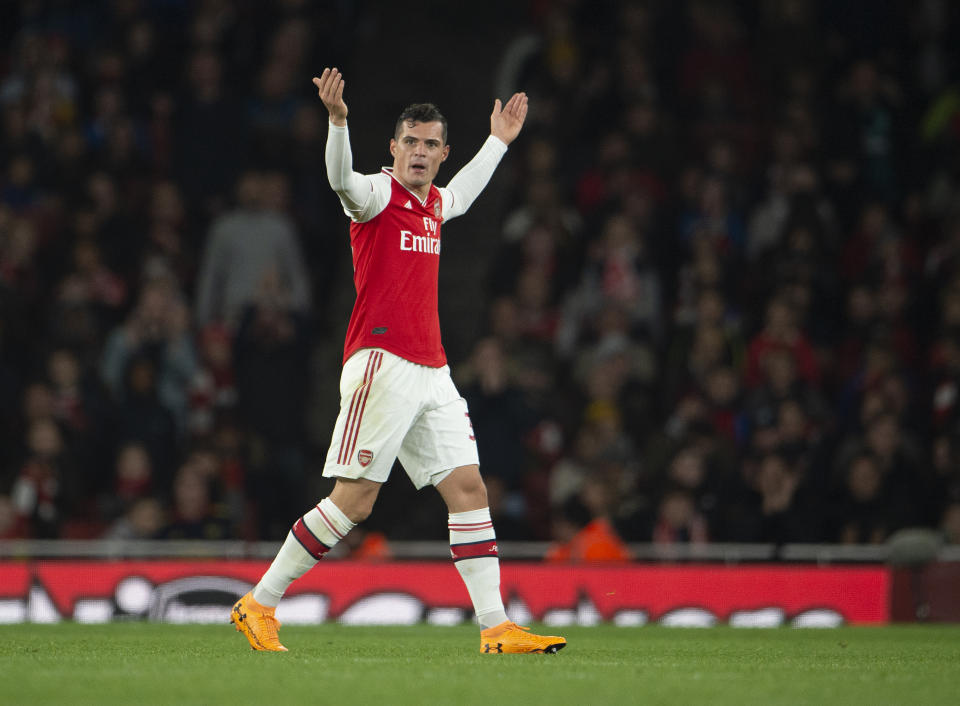 LONDON, ENGLAND - OCTOBER 27: Granit Xhaka of Arsenal reacts to the crowd after being substituted by Manager  Unai Emery during the Premier League match between Arsenal FC and Crystal Palace at Emirates Stadium on October 27, 2019 in London, United Kingdom. (Photo by Visionhaus)