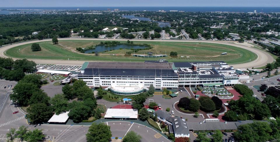 The Monmouth Park grandstand in Oceanport is shown in this drone view Wednesday, July 15, 2020.