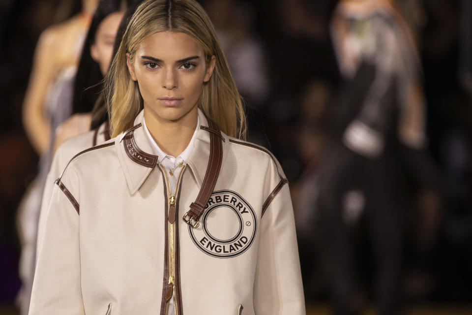 Model Kendall Jenner wears a creation by Burberry at the Spring/Summer 2020 fashion week runway show in London, Monday, Sept. 16, 2019. (Photo by Vianney Le Caer/Invision/AP)