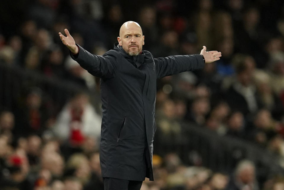 Manchester United's head coach Erik ten Hag gestures as he stands on the touchline during the English League Cup semifinal second leg soccer match between Manchester United and Nottingham Forest at Old Trafford in Manchester, England, Wednesday, Feb. 1, 2023. (AP Photo/Dave Thompson)