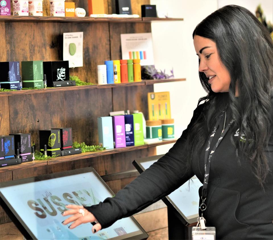 Danielle Zill-Barry, owner of Cannabis Clubhouse on Main Street, Sussex Borough, shows how a customer can order products in the store, the first retail cannabis shop to open in Sussex County.