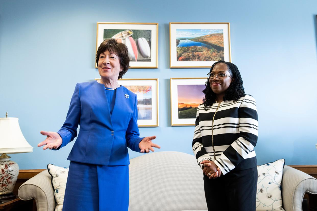 Sen. Susan Collins, R-Maine (left), and Supreme Court Justice nominee, Judge Katanji Brown Jackson (right) meet on Capitol Hill in Washington, D.C. on Tuesday, March 8, 2022.