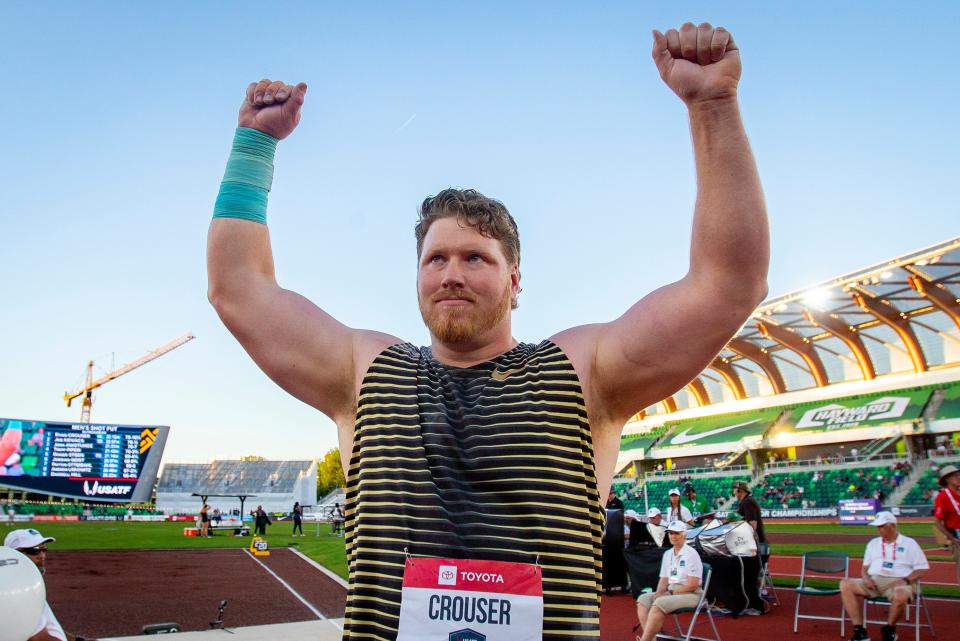 Ryan Crouser celebrates his win in the men’s shot put at the USA Track and Field Championships Friday, June 24, 2022, at Hayward Field in Eugene, Ore. 