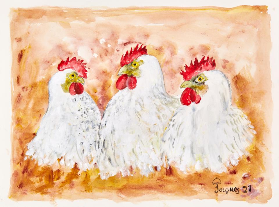 "Three Chickens of Bresse" is a 2021 Jacques Pépin painting.