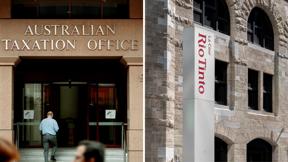 The exterior of the ATO building and a sign that says Rio Tinto.