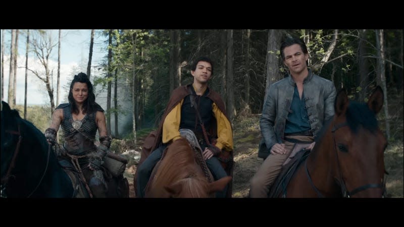 Fantasy heroes crack jokes while seated on horseback.