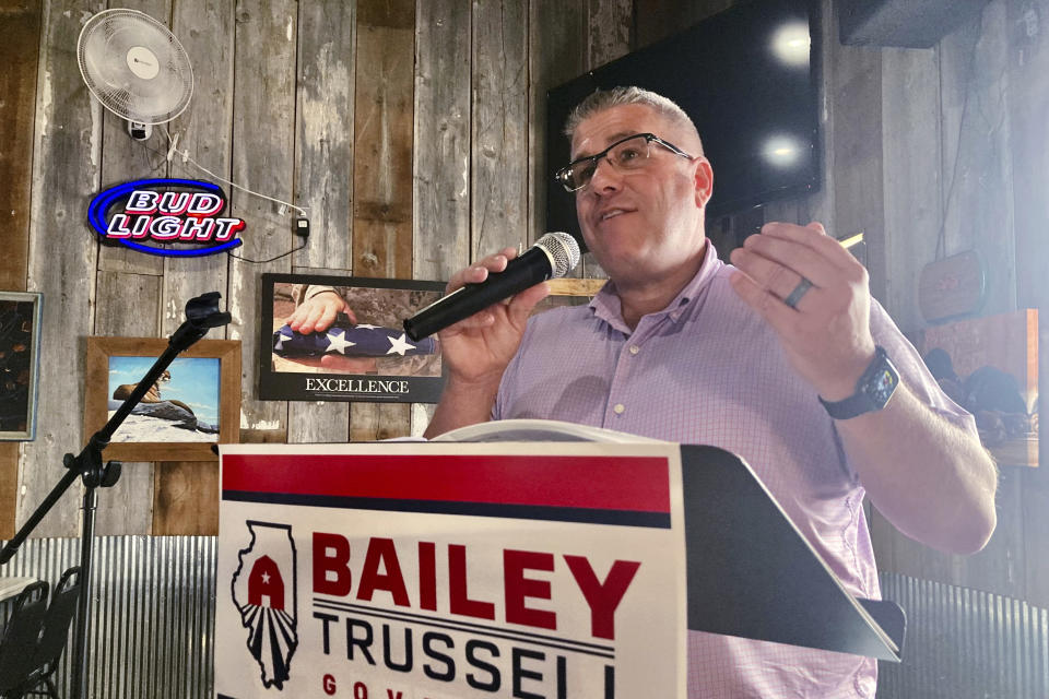 FILE - Republican candidate for Illinois governor Darren Bailey speaks to voters during a campaign stop in Athens, Ill., June 14, 2022. Bailey is seeking the Republican nomination to face Democratic Gov. J.B. Pritzker in November. (AP Photo/John O'Connor, File)