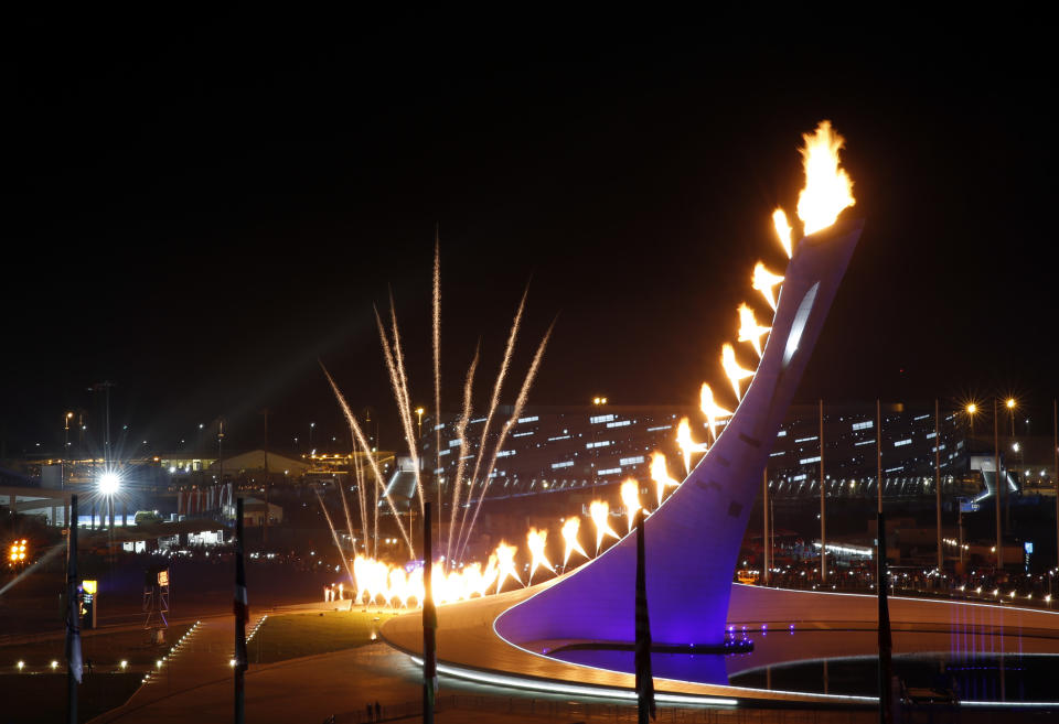 The Olympic Cauldron is lit during the opening ceremony of the 2014 Winter Olympics in Sochi, Russia, Friday, Feb. 7, 2014. 