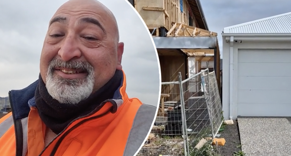 Tradie Jim Zacharias beside an image of an unfinished home in Melbourne which is just centimetres away from its neighbour. 