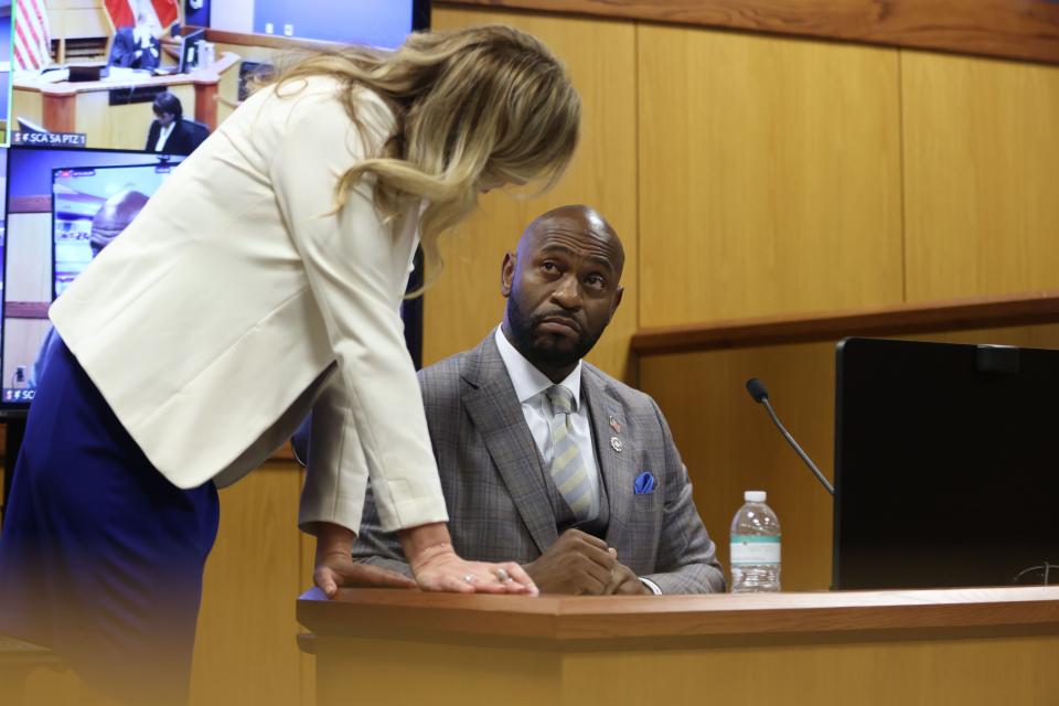 ATLANTA, GA - FEBRUARY 15: Ashleigh Merchant, attorney representing defendant Michael Roman, questions Special Prosecutor Nathan Wade during a hearing in the case of the State of Georgia v. Donald John Trump at the Fulton County Courthouse on February 15, 2024 in Atlanta, Georgia. Judge Scott McAfee is hearing testimony as to whether DA Fanni Willis and Wade should be disqualified from the case for allegedly lying about a personal relationship. (Photo by Alyssa Pointer-Pool/Getty Images)