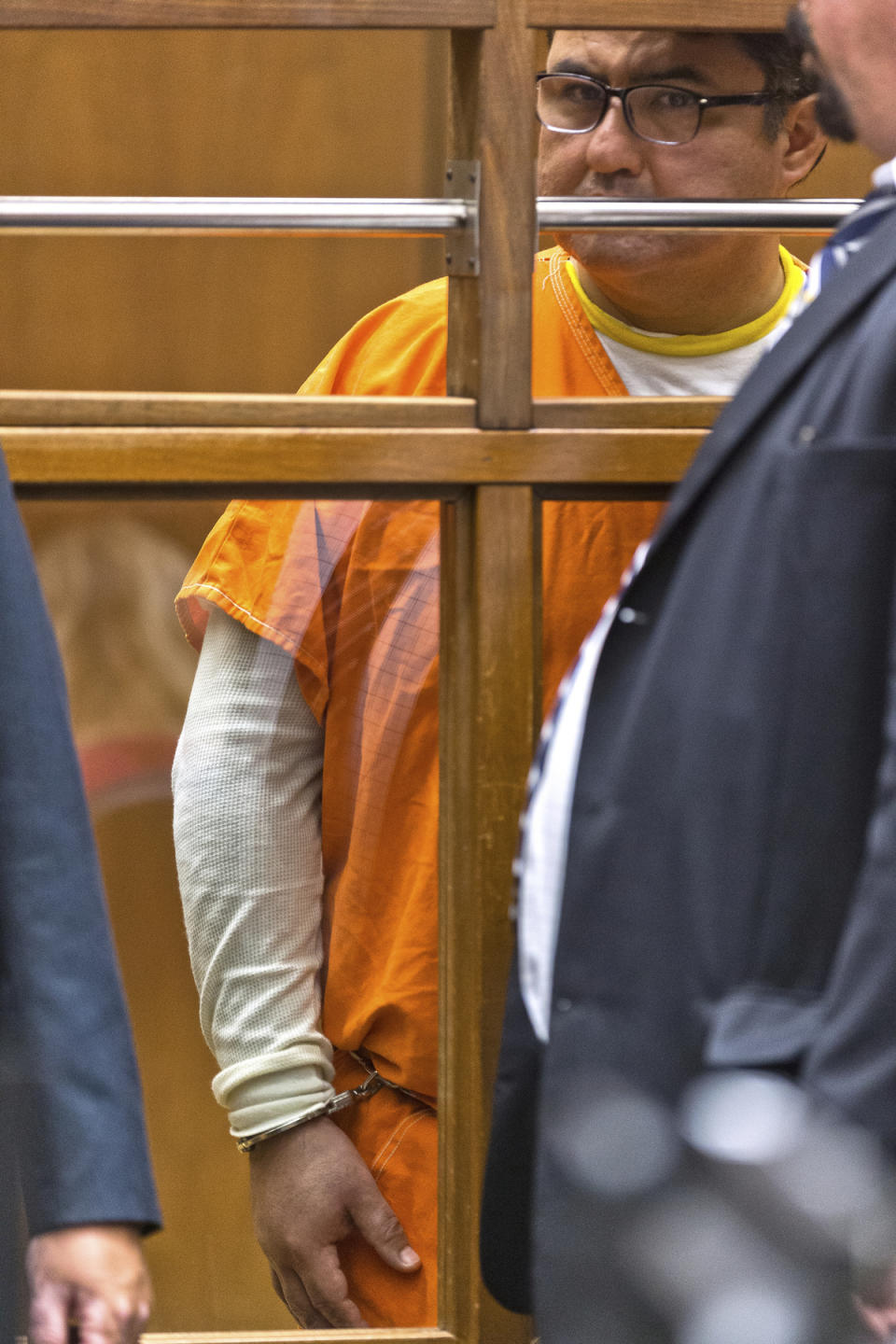 Naason Joaquin Garcia, the leader of Mexican megachurch La Luz del Mundo, appears in Los Angeles County Superior Court on Friday, June 21, 2019. García and his co-defendants were arrested earlier this month on suspicion of child rape, statutory rape, molestation, human trafficking, child pornography and extortion. The charges in the 26-count felony complaint detail allegations involving three girls and one woman between 2015 and 2018 in Los Angeles County. (AP Photo/Damian Dovarganes)