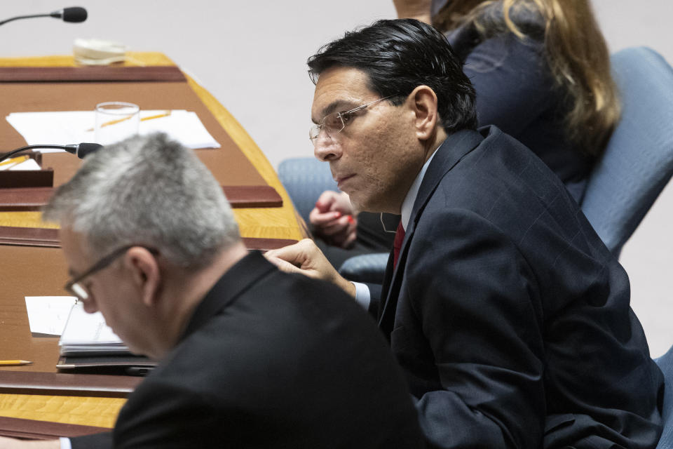 Israeli Ambassador to the United Nations Danny Danon listens to speakers during a meeting on the Middle East, including the Palestinian question, Wednesday, Nov. 20, 2019 at United Nations headquarters. (AP Photo/Mary Altaffer)