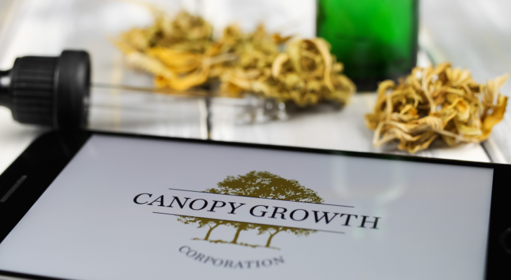 Closeup of mobile phone screen with logo lettering of cannabinoid company canopy growth cannabis, blurred marijuana in the background. CGC stock.