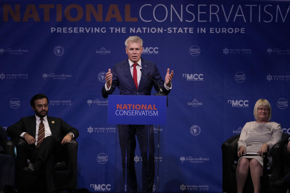 MEP Rob Roos speaks during the National Conservatism conference in Brussels, Tuesday, April 16, 2024. (AP Photo/Virginia Mayo)