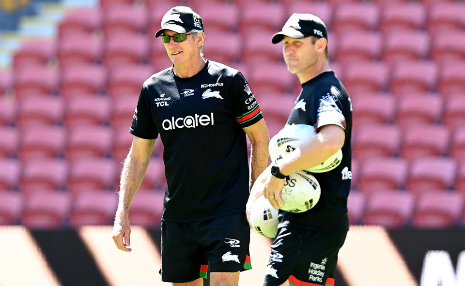Wayne Bennett and assistant coach Ben Hornby, pictured here at South Sydney in 2021.