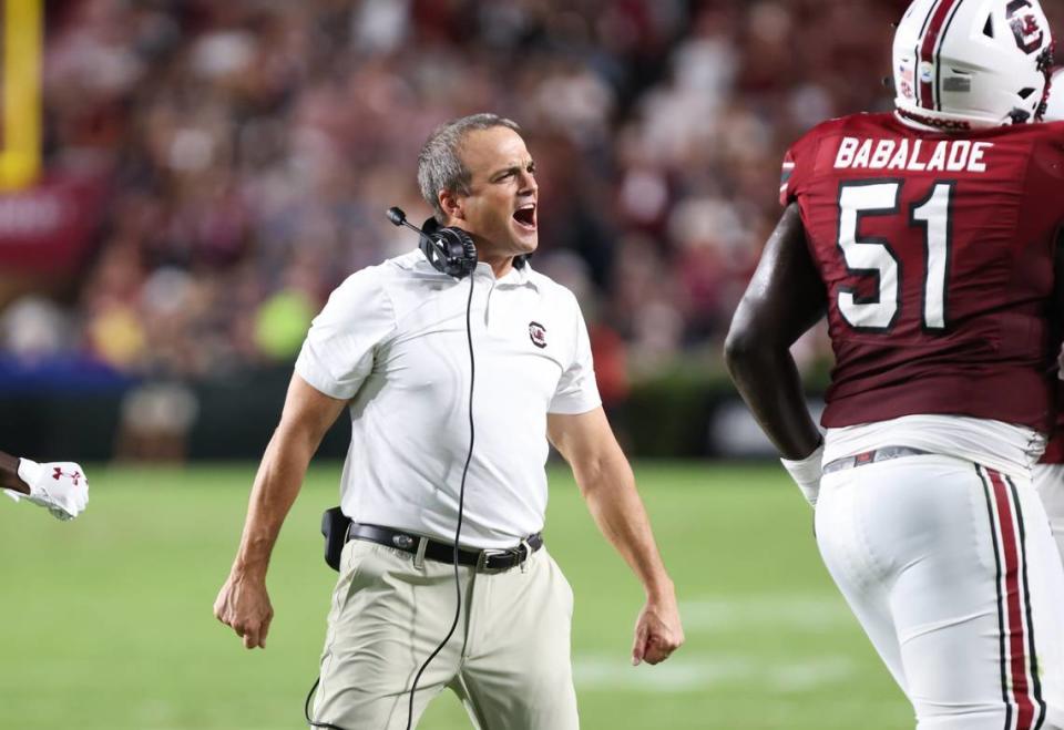 South Carolina head coach Shane Beamer yells to his players during the first half of the Gamecocks’ game at Williams-Brice Stadium in Columbia on Saturday, September 23, 2023.