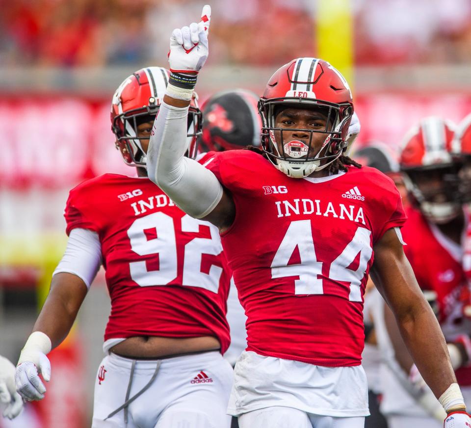 Indiana's Aaron Casey celebrates a backfield tackle during the Indiana versus Western Kentucky football game at Memorial Stadium on Sept. 17, 2022.