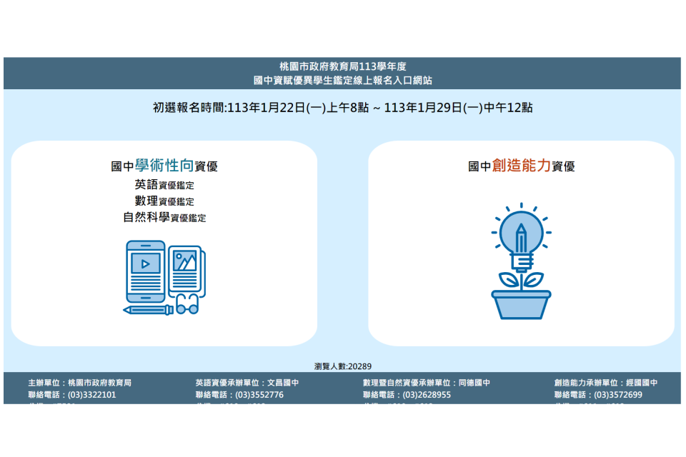 推展資優、發掘人才，桃園市國中學術性向暨創造能力資賦優異學生鑑定1/22-1/29報名