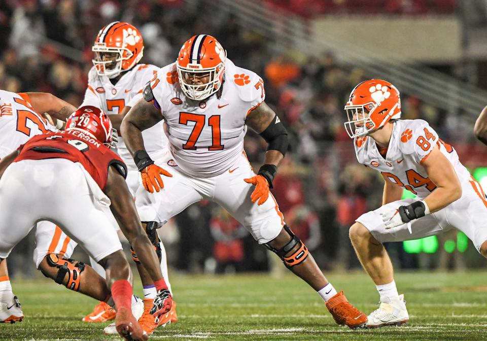 Clemson offensive lineman Jordan McFadden sets a block during a win at Louisville.