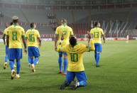 Brazil's Neymar celebrates scoring his side's 4th goal against Peru during a qualifying soccer match for the FIFA World Cup Qatar 2022 at the National Stadium, in Lima, Peru, Tuesday, Oct.13, 2020. (Paolo Aguilar, Pool via AP)