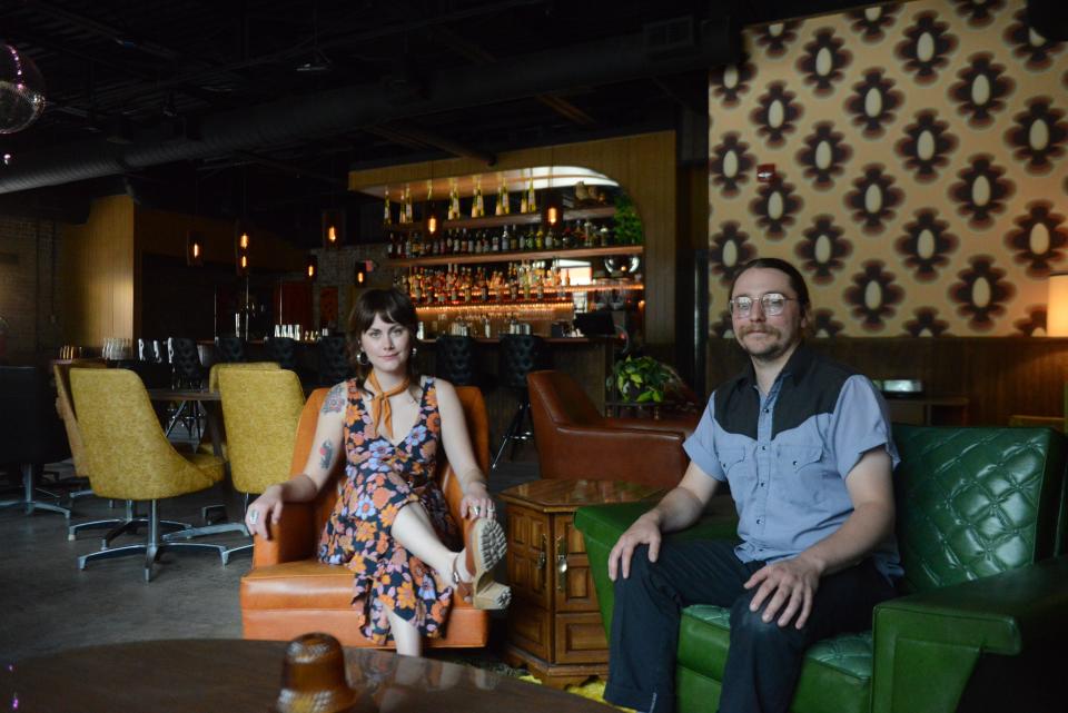 Jocelyn Morin and Ryan Shanley sit in the lounge area of Fly By Night, their new '70s-inspired cocktail bar at 906 Sevier Ave. The owners are the same people who opened the Tern Club tiki bar in the 100 block of Gay Street.