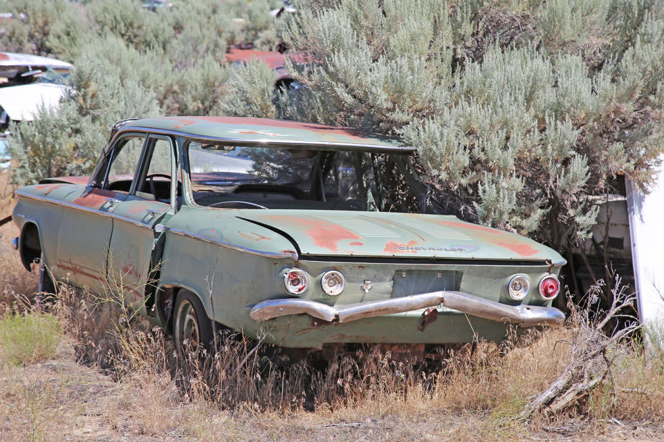 <p>This 1960 Chevrolet Corvair looks a bit down-in-the-mouth, but then with its windows and interior missing, it has very little to smile about.</p><p>Despite Ralph Nader declaring it “unsafe at any speed”, in actual fact the Corvair is the only vehicle ever certified as ‘safe’ by the US government. In total, close to 2 million of them were built between 1960 and 1969.</p>