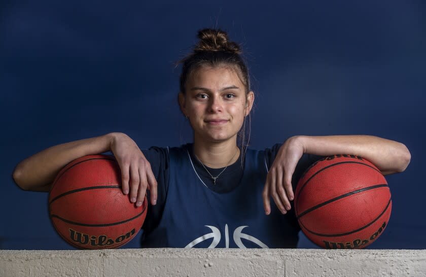 Camarillo, CA - December 13, 2021: Gabriela Jaquez, a senior, forward on the Camarillo High School girls basketball team, is photographed on the campus. Gabriela, the sister of Jaime Jaquez Jr., a guard/forward on the UCLA mens basketball team, has committed to playing next year for the UCLA women's basketball team. (Mel Melcon / Los Angeles Times)