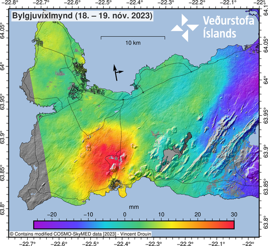 COSMO-Skymed interferogram spanning 24-hours between 18−19 November at 06:41. The broad uplift signal visible in orange/red around Svartsengi is indicative of a deep inflation (The Icelandic Met Office)