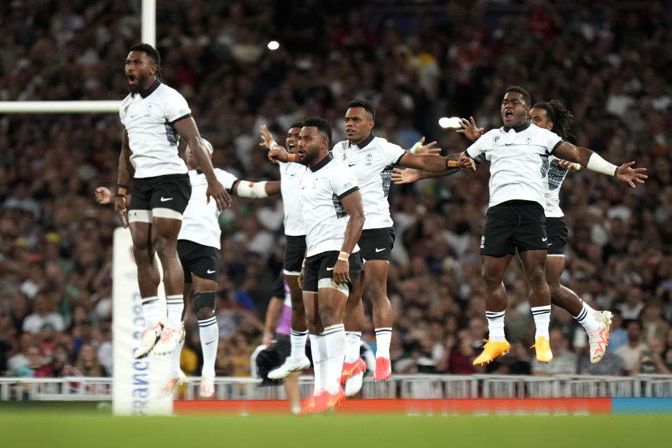 Fiji's players before the start of the Rugby World Cup Pool C match between Fiji and Portugal, at the Stadium de Toulouse in Toulouse, France, Sunday, Oct. 8, 2023. (AP Photo/Pavel Golovkin)