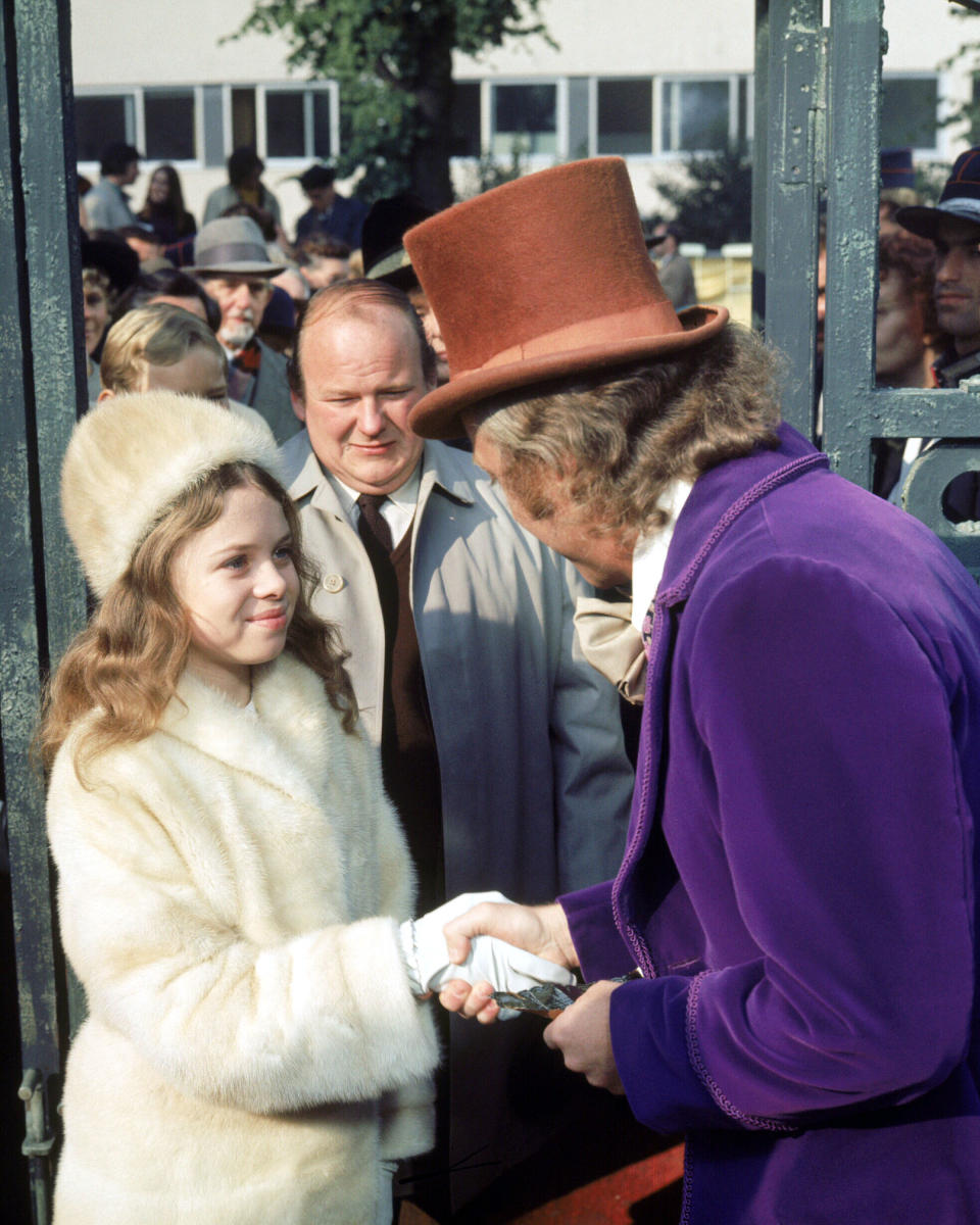 From right to left, actors Gene Wilder as Willy Wonka, Roy Kinnear as Mr. Salt and Julie Dawn Cole as Veruca Salt in the film 'Willy Wonka & the Chocolate Factory', 1971.  (Photo by Silver Screen Collection/Getty Images)