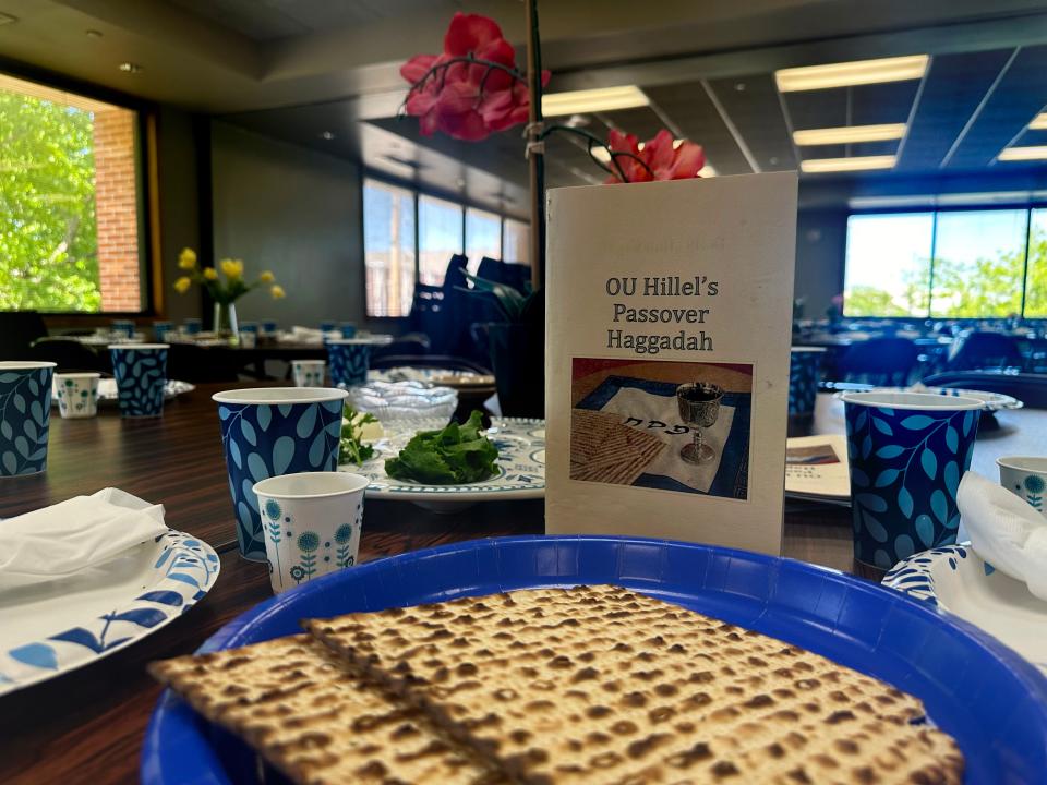 A table at First Baptist Church of Norman is set up for OU Hillel's 2024 Passover Seder. [Provided by OU Hillel]