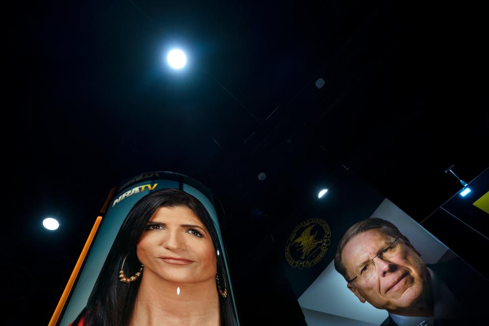 <p>Photographs of National Rifle Association (NRA) spokesperson Dana Loesch (L) and NRA executive vice president and CEO Wayne LaPierre (R) hang in the vendors area of the 45th annual Conservative Political Action Conference (CPAC) at the Gaylord National Resort & Convention Center in National Harbor, Md., Feb. 23 2018. (Photo: Jim Lo Scalzo/EPA-EFE/REX/Shutterstock) </p>