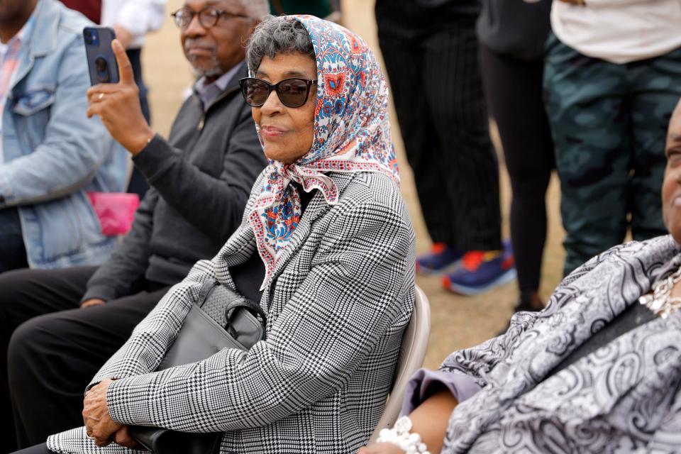 Eula Pitts, widow of Capt. Riley Leroy Pitts, listens to a speaker during a mural unveiling in honor of Capt. Riley Leroy Pitts at Pitts Park in Oklahoma City, Saturday, Nov. 11, 2023.