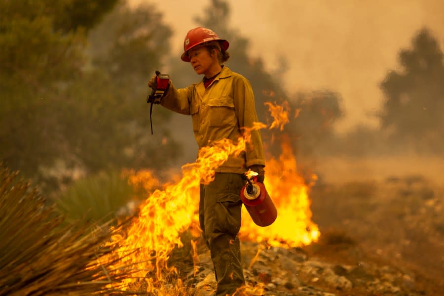 Mormon Lake Hotshots firefighter Sara Sweeney uses a drip torch to set a backfire to protect mountain communities from the Bobcat Fire in the Angeles National Forest on September 10, 2020 north of Monrovia, California. (David McNew/Getty Images)