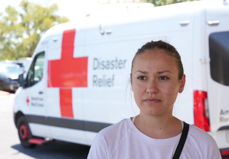 Nicole Rocha, whose apartment unit was destroyed Tuesday by the Parmer Lane Fire in Cedar Park, arrives at a Red Cross Shelter at Hill Country Bible Church on Wednesday. “I never thought this would happen in Texas,” she said. “I thought the wildfires were in California.”