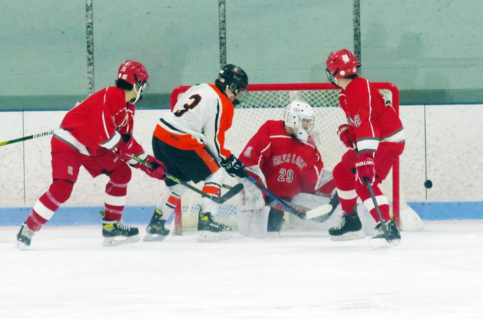 #3 Oliver Ames' Matthew Lawson had a great shot opportunity but was denied by Silver Lake goalie Andy Renner on Wednesday, Dec. 14, 2022.