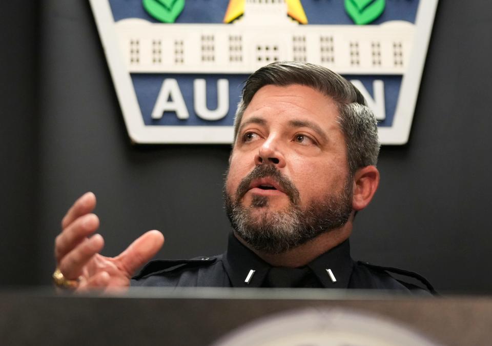 Lt. Patrick Eastlick speaks Tuesday at a news conference at the Austin Police Department's headquarters about five people who were arrested for either possession or delivery of crack cocaine that also tested positive for fentanyl.