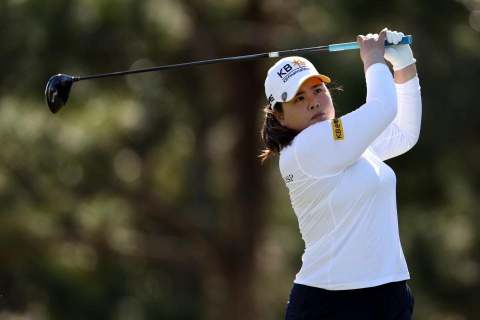 Inbee Park of Korea hits from the 9th tee during the first round of the LPGA Drive On Championship at Crown Colony Golf & Country Club on February 03, 2022 in Fort Myers, Florida.