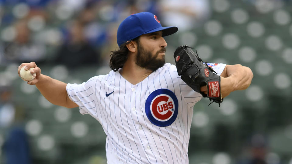 Chicago Cubs closing pitcher Dillon Maples delivers a pitch during the ninth inning of a baseball game against the Milwaukee Brewers Friday, April 23, 2021, in Chicago. Chicago won 15-2. (AP Photo/Paul Beaty)