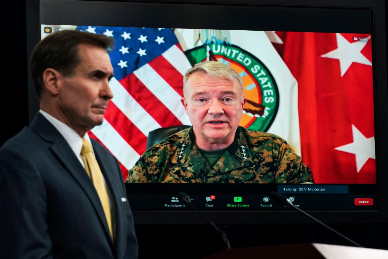Gen. Frank McKenzie, Commander of U.S. Central Command, appears on screen as he speaks from MacDill Air Force Base, in Tampa, Fla., as he speaks about Afghanistan during a virtual briefing moderated by Pentagon spokesman John Kirby at the Pentagon in Washington, D.C. on Aug. 30, 2021.