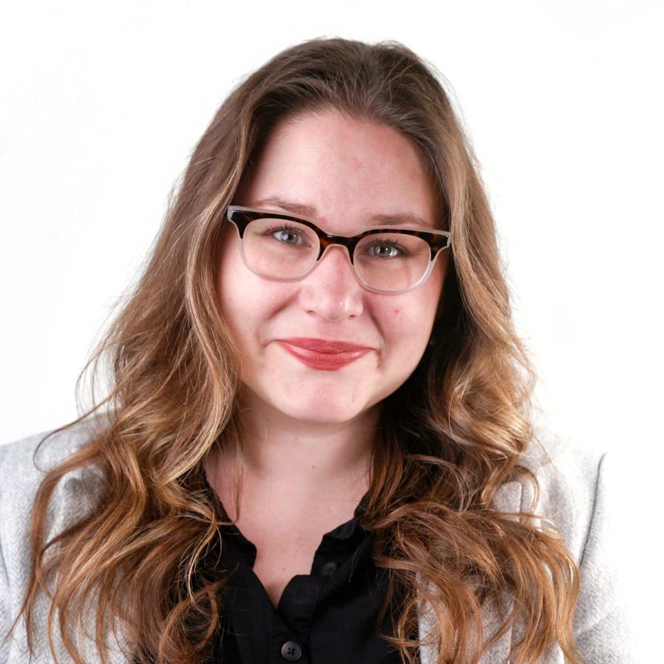 Detroit Free Press politics editor Emily Lawler photographed in the studio at the Free Press in Detroit on Wednesday, April 20, 2022