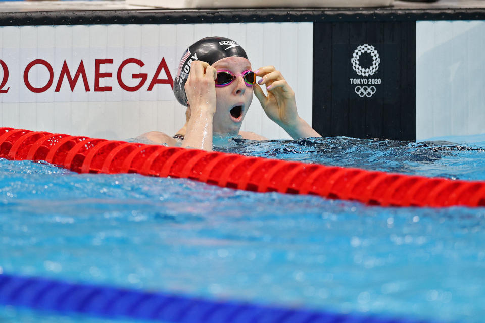 TOKYO, JAPAN - JULY 27:  Lydia Jacoby of Team United States reacts after winning the gold medal in the Women's 100m Breaststroke Final on day four of the Tokyo 2020 Olympic Games at Tokyo Aquatics Centre on July 27, 2021 in Tokyo, Japan. (Photo by Maddie Meyer/Getty Images)