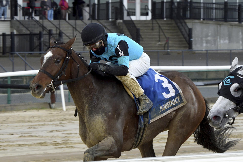 This photo provided by NYRA Photos shows Brooklyn Strong, Joel Rosario up, enroute to winning the Remsen Stakes horse race at Aqueduct Racetrack in the Queens borough of New York, in this Dec. 5, 2020, photo. (Chelsea Durand/NYRA Photos/Coglianese via AP)