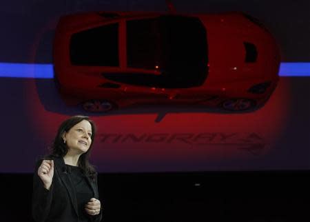 Mary Barra, Senior VP of General Motors Global Product Development, speaks near a 2014 Corvette Stingray at the North American International Auto Show in Detroit, Michigan January 14, 2013. REUTERS/Rebecca Cook