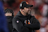 Cincinnati Bengals head coach Zac Taylor watches play against the Kansas City Chiefs during the first half of the NFL AFC Championship playoff football game, Sunday, Jan. 29, 2023, in Kansas City, Mo. (AP Photo/Brynn Anderson)