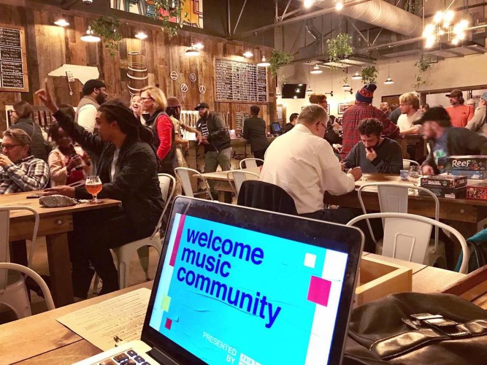 Before COVID-19, Fair Play Music Equity Initiative hosted a Music Community Hang events around Charlotte, like this one at Divine Barrel Brewing. Events were designed to expose participants to a more diverse group of local music industry professionals. Hangs are now digital.