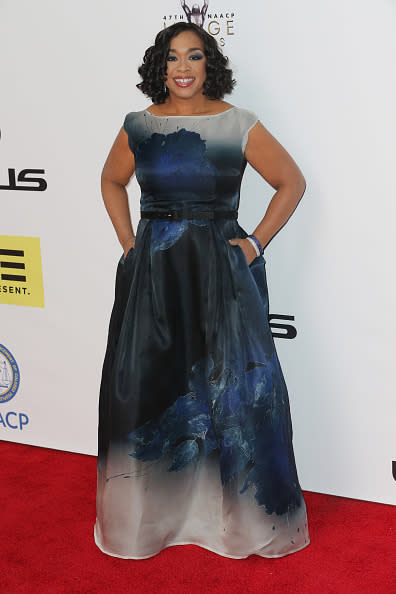 Shonda Rhimes in a blue and green flora abstract gown at the 47th NAACP Image Awards at Pasadena Civic Auditorium in Pasadena, California. 