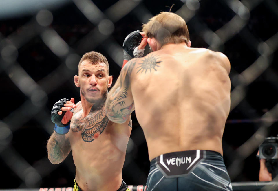 Nov 12, 2022; New York, NY, USA; Brad Riddell (red gloves) and Renato Moicano (blue gloves) during UFC 281 at Madison Square Garden. Mandatory Credit: Jessica Alcheh-USA TODAY Sports