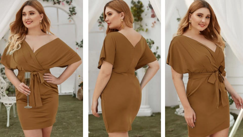 Solid Surplice Neck Belted Dress - Shein, $18